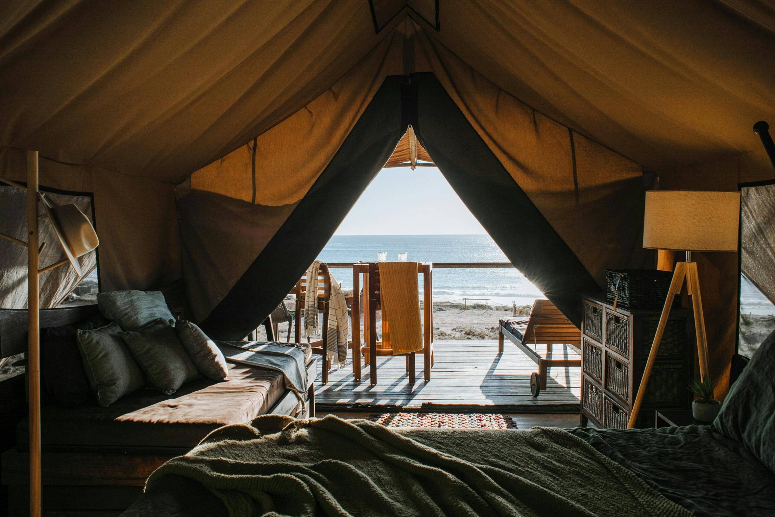A glamping scene at a beach